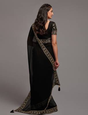 Black Colour Chinnon Silk Embroidery Lace Border Saree WITH UN-STITCHED BLOUSE 6