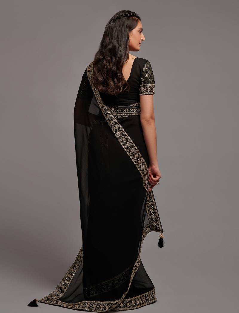 Black Colour Chinnon Silk Embroidery Lace Border Saree WITH UN-STITCHED BLOUSE