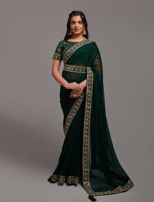 green Colour Chinnon Silk Embroidery Lace Border Saree WITH UN-STITCHED BLOUSE 1