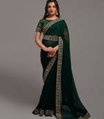 green Colour Chinnon Silk Embroidery Lace Border Saree WITH UN-STITCHED BLOUSE
