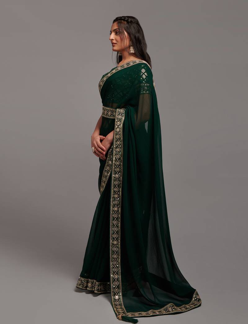 green Colour Chinnon Silk Embroidery Lace Border Saree WITH UN-STITCHED BLOUSE