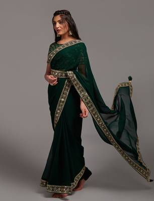 green Colour Chinnon Silk Embroidery Lace Border Saree WITH UN-STITCHED BLOUSE 4
