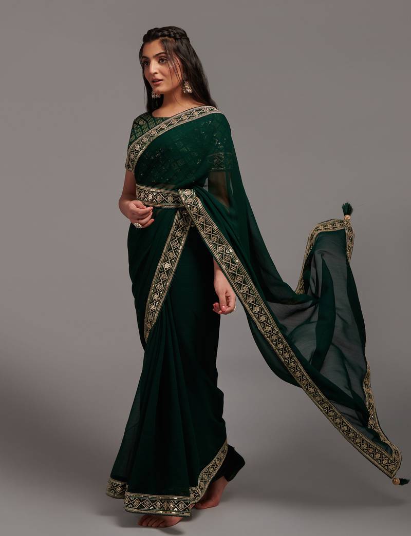 green Colour Chinnon Silk Embroidery Lace Border Saree WITH UN-STITCHED BLOUSE