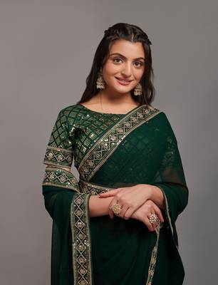 green Colour Chinnon Silk Embroidery Lace Border Saree WITH UN-STITCHED BLOUSE 5