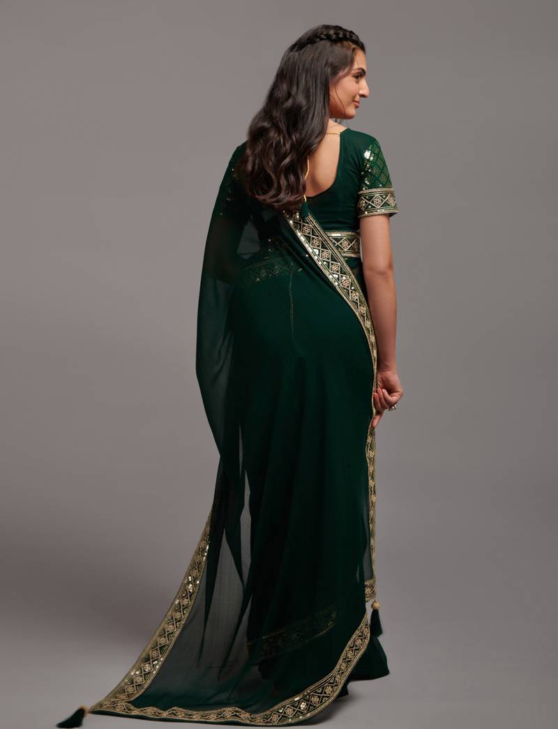 green Colour Chinnon Silk Embroidery Lace Border Saree WITH UN-STITCHED BLOUSE