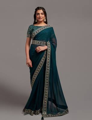 More Peach Colour Chinnon Silk Embroidery Lace Border Saree WITH UN-STITCHED BLOUSE 1