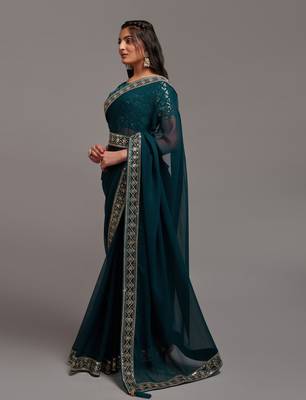More Peach Colour Chinnon Silk Embroidery Lace Border Saree WITH UN-STITCHED BLOUSE 3