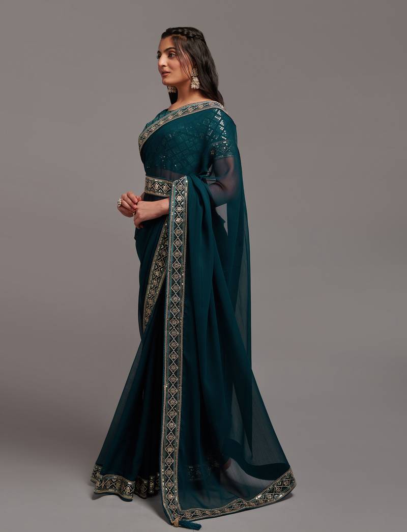 More Peach Colour Chinnon Silk Embroidery Lace Border Saree WITH UN-STITCHED BLOUSE