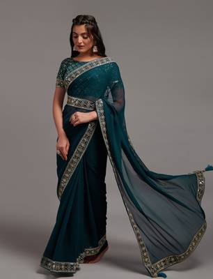 More Peach Colour Chinnon Silk Embroidery Lace Border Saree WITH UN-STITCHED BLOUSE 4
