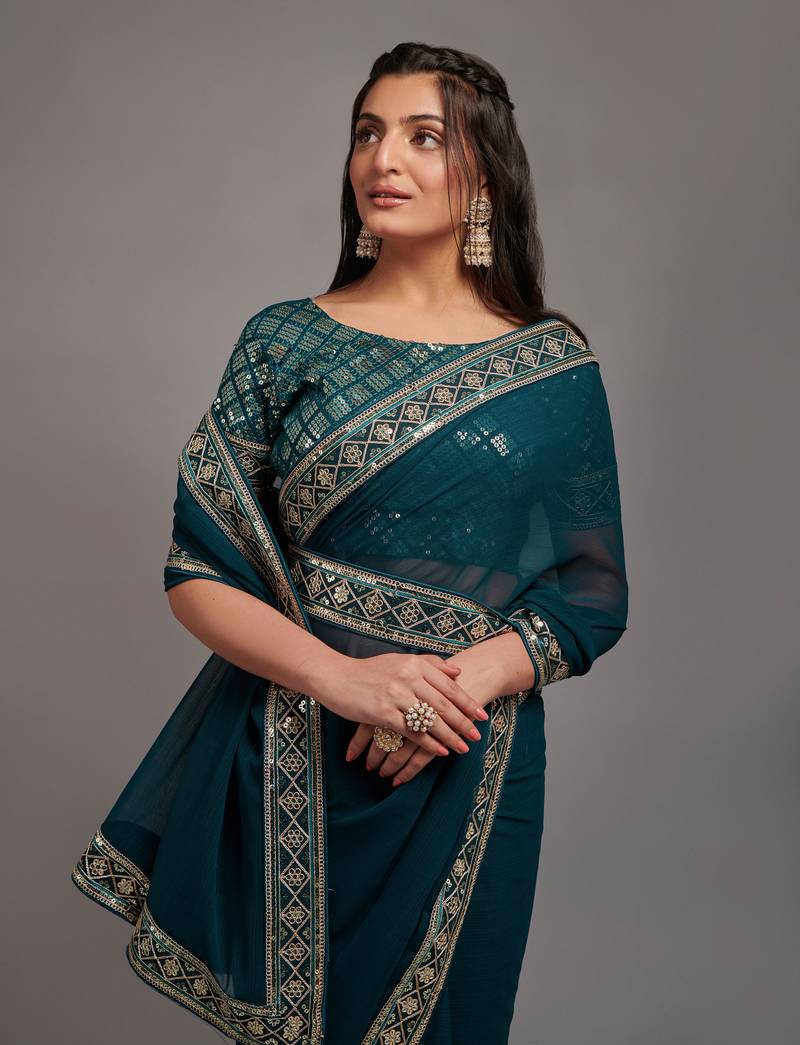 More Peach Colour Chinnon Silk Embroidery Lace Border Saree WITH UN-STITCHED BLOUSE