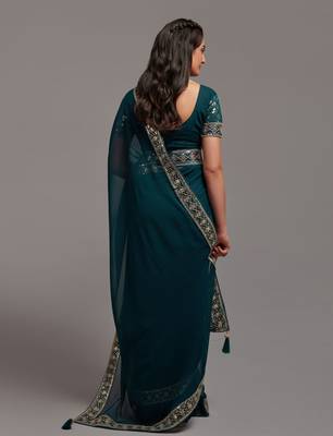 More Peach Colour Chinnon Silk Embroidery Lace Border Saree WITH UN-STITCHED BLOUSE 6