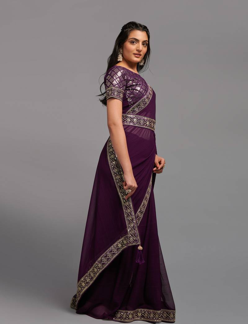 Wine Colour Chinnon Silk Embroidery Lace Border Saree WITH UN-STITCHED BLOUSE