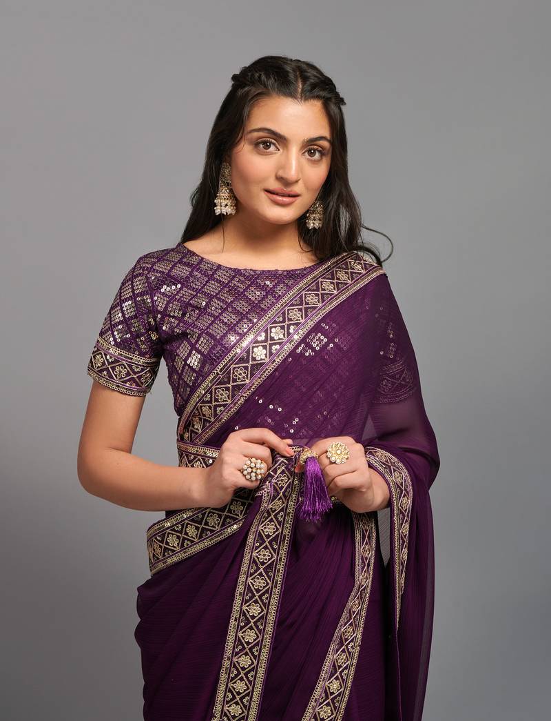 Wine Colour Chinnon Silk Embroidery Lace Border Saree WITH UN-STITCHED BLOUSE