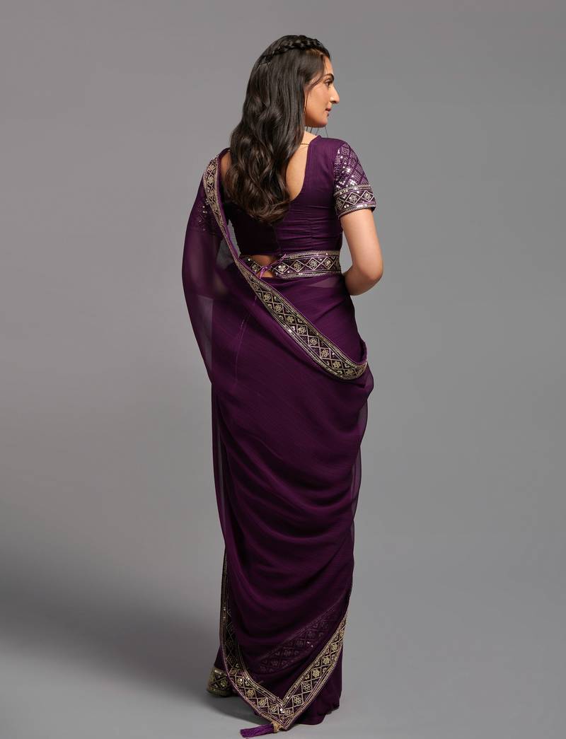 Wine Colour Chinnon Silk Embroidery Lace Border Saree WITH UN-STITCHED BLOUSE