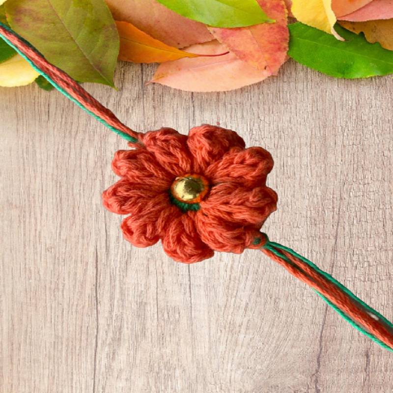 C-Knits Crochet handmade ecofriendly flower Kids Rakhi - Orange (CTRI-14-001)