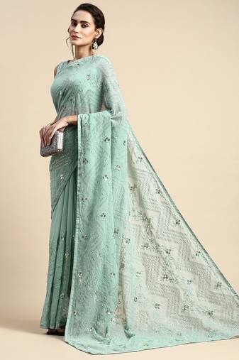 Vairagee Georgette Sequin Embroidered Pastel Green Saree