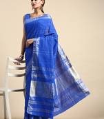 Vairagee Blue Plain Cotton Sarees With Border & Blouse