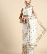 Vairagee Off White Soft Net Saree With Sequence Embroidery & Blouse Mono Banglory Silk