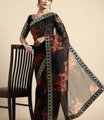 Vairagee Black Floral Print Organza Saree With Less Border & Blouse Embroidered Blouse Piece