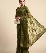 Vairagee Green Soft Net Saree With Thread Embroidery & Blouse Banglory Silk