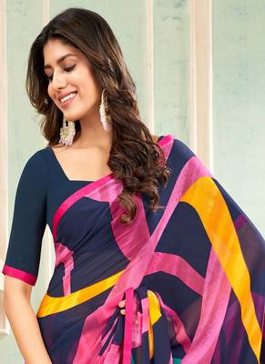 Multicolor Georgette Printed Saree With Fancy Lace Border And Fancy Printed Blouse Piece_RKNIVS45724 2