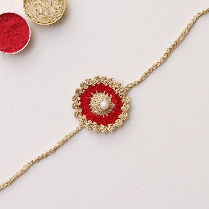 C-Knits crochet Handmade ecofriendly Cream detailed kids rakhi-Red
