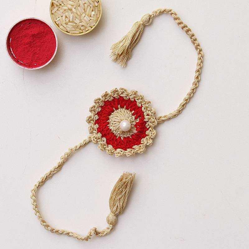 C-Knits crochet Handmade ecofriendly Cream detailed kids rakhi-Red