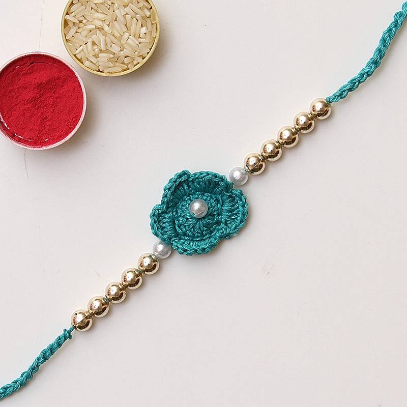 C-Knits crochet handmade ecofriendly white pearl semi precious stone rakhi-sea green