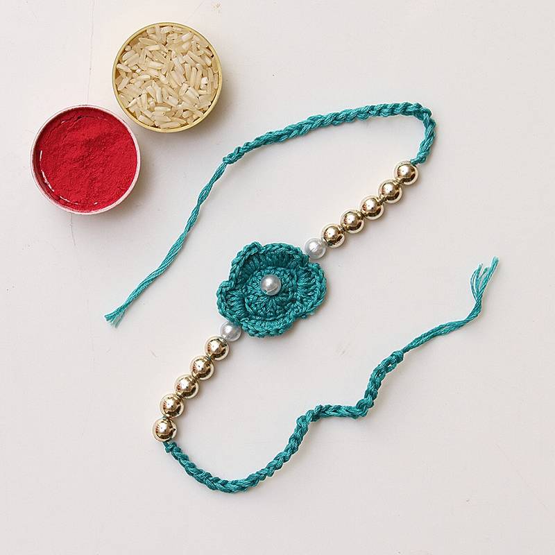 C-Knits crochet handmade ecofriendly white pearl semi precious stone rakhi-sea green