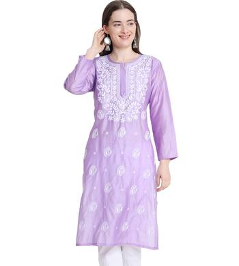 Lucknowi lavender chikan kurti and pant set 2