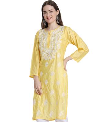 Lucknowi yellow chikan kurti and pant set 1
