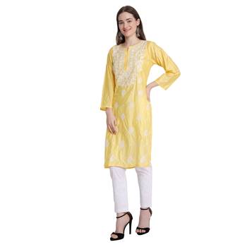 Lucknowi yellow chikan kurti and pant set 5