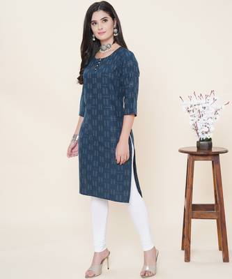 Anushil cotton dobby woven design round neck elbow sleeves knee length kurta for women's and girl's 1