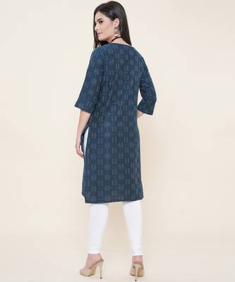 Anushil cotton dobby woven design round neck elbow sleeves knee length kurta for women's and girl's 2