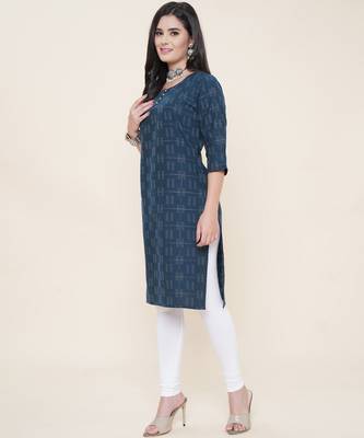 Anushil cotton dobby woven design round neck elbow sleeves knee length kurta for women's and girl's 4