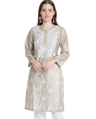 Lucknowi grey chikan kurti and pant set 1