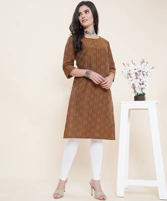 Anushil cotton dobby woven design round neck elbow sleeves knee length kurta for women's and girl's 1