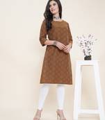 Anushil cotton dobby woven design round neck elbow sleeves knee length kurta for women's and girl's