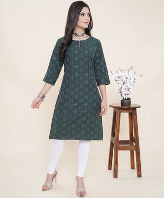 Anushil cotton dobby woven design round neck elbow sleeves knee length kurta for women's and girl's 1