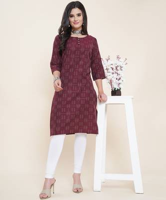 Anushil cotton dobby woven design round neck elbow sleeves knee length kurta for women's and girl's 1