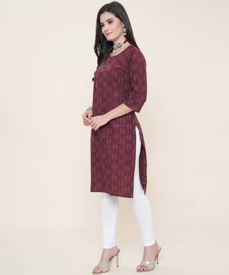 Anushil cotton dobby woven design round neck elbow sleeves knee length kurta for women's and girl's 4