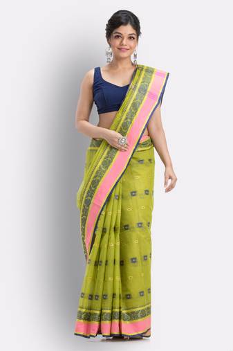 Green Woven Design Pure Cotton Handwoven Taant Saree Without Blouse