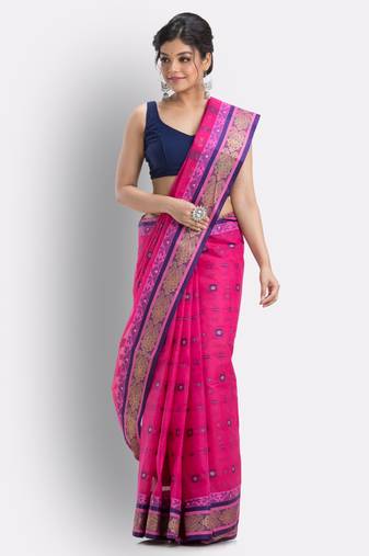 Rani Pink Pure Cotton Taant Saree Without Blouse