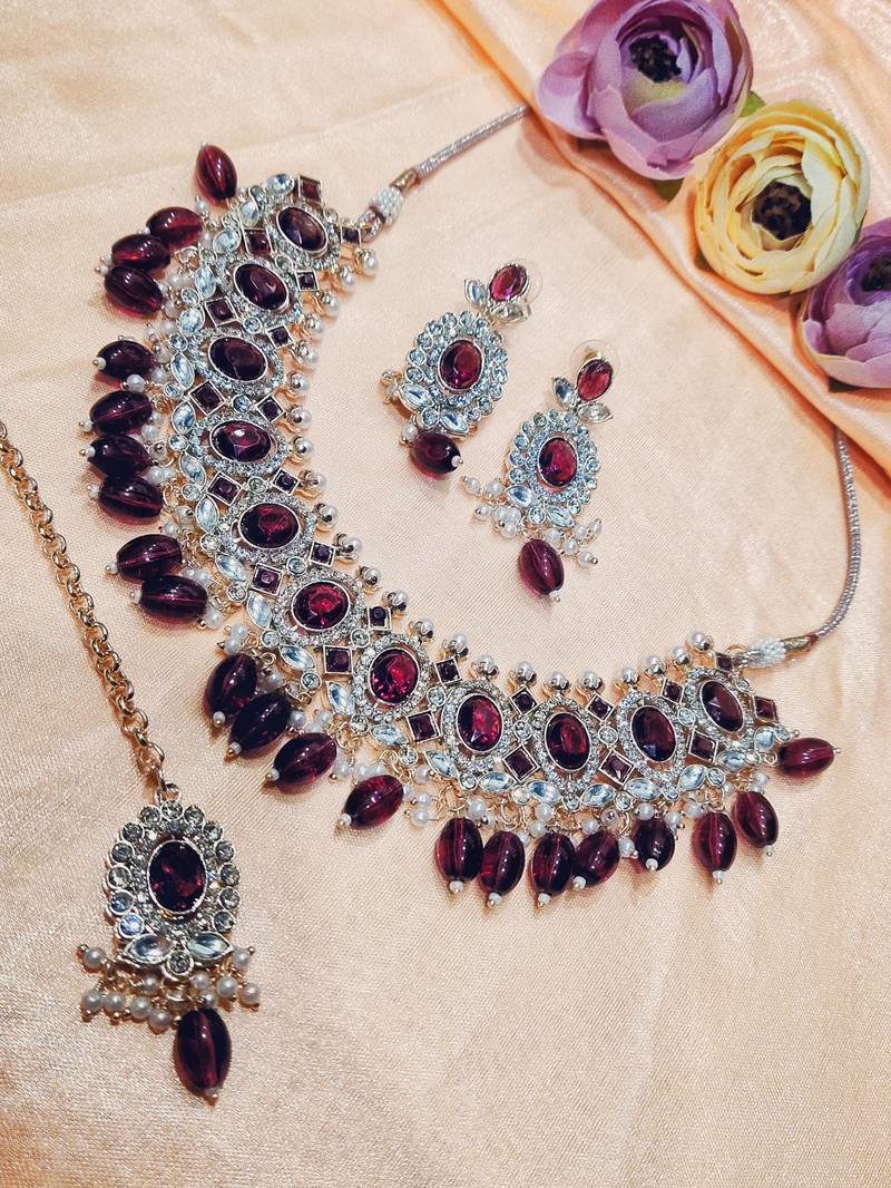 9blings burgundy kundan stone maroon beaded choker jewellery set