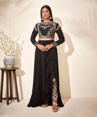 Black tussar silk and crepe drape skirt set 1