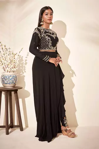 Black tussar silk and crepe drape skirt set