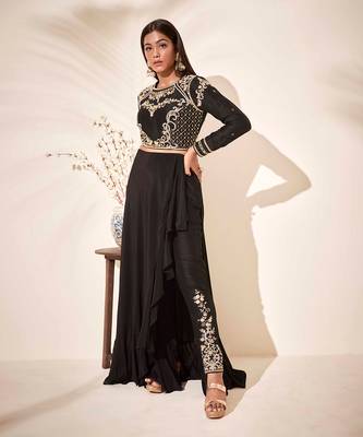 Black tussar silk and crepe drape skirt set 3