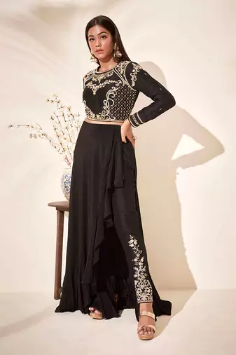 Black tussar silk and crepe drape skirt set