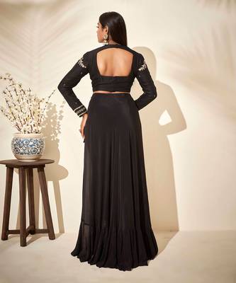 Black tussar silk and crepe drape skirt set 4