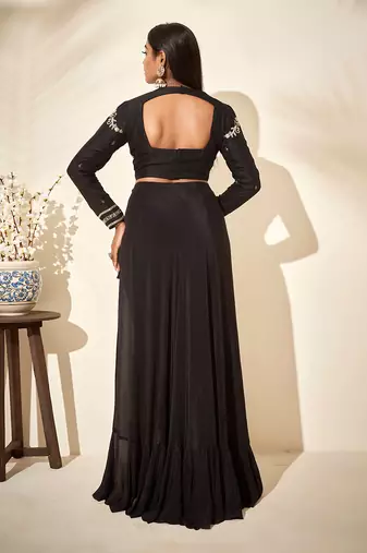 Black tussar silk and crepe drape skirt set